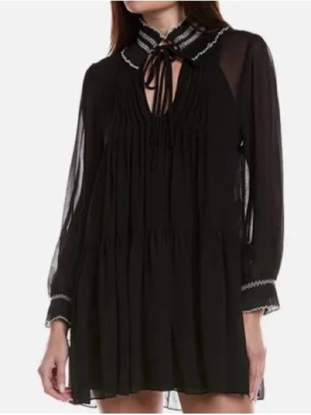 Sandro Black Long-Sleeve Tie-Neck Mini Dress